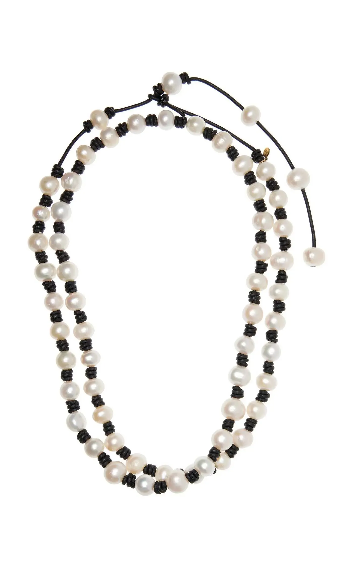 Long Knotted 12-14MM Pearl and Leather Necklace w/ Tail