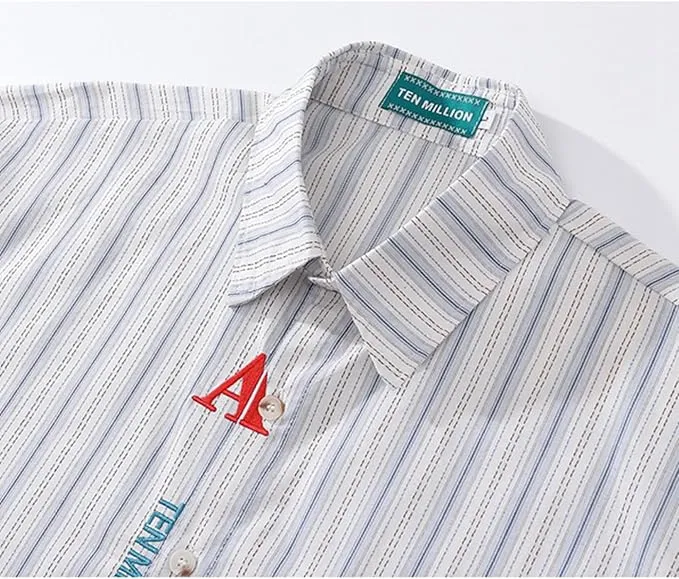 NEW GUREITOJP Men's Striped Shirt, Short Sleeve Shirt, Embroidered Decoration, Casual Shirt, Thin, Lightweight, Fold-Down Collar, Summer Clothes, Shirt Jacket, Sun Protection, Chest Pocket, Quick Drying, Sz M, Retails $50
