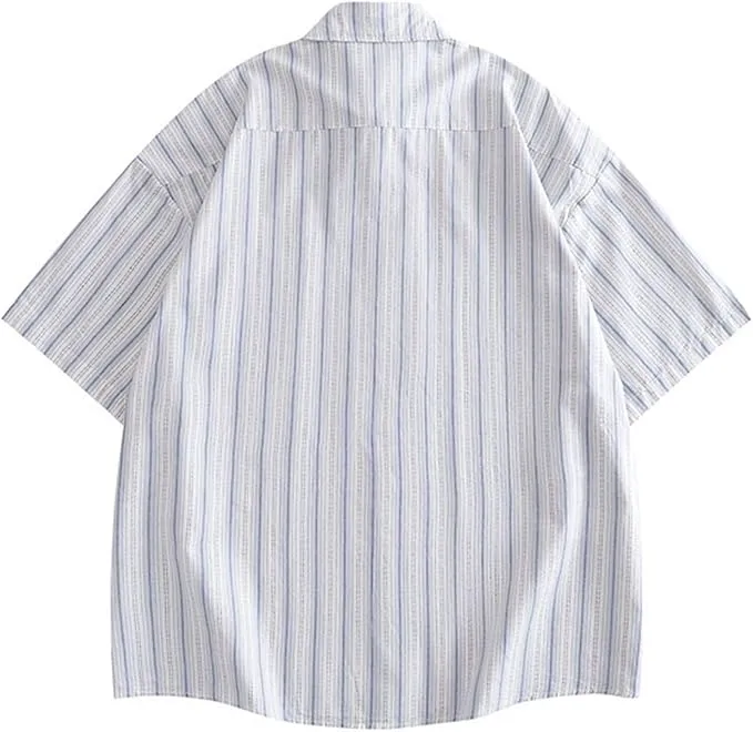 NEW GUREITOJP Men's Striped Shirt, Short Sleeve Shirt, Embroidered Decoration, Casual Shirt, Thin, Lightweight, Fold-Down Collar, Summer Clothes, Shirt Jacket, Sun Protection, Chest Pocket, Quick Drying, Sz M, Retails $50