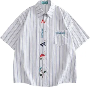NEW GUREITOJP Men's Striped Shirt, Short Sleeve Shirt, Embroidered Decoration, Casual Shirt, Thin, Lightweight, Fold-Down Collar, Summer Clothes, Shirt Jacket, Sun Protection, Chest Pocket, Quick Drying, Sz M, Retails $50