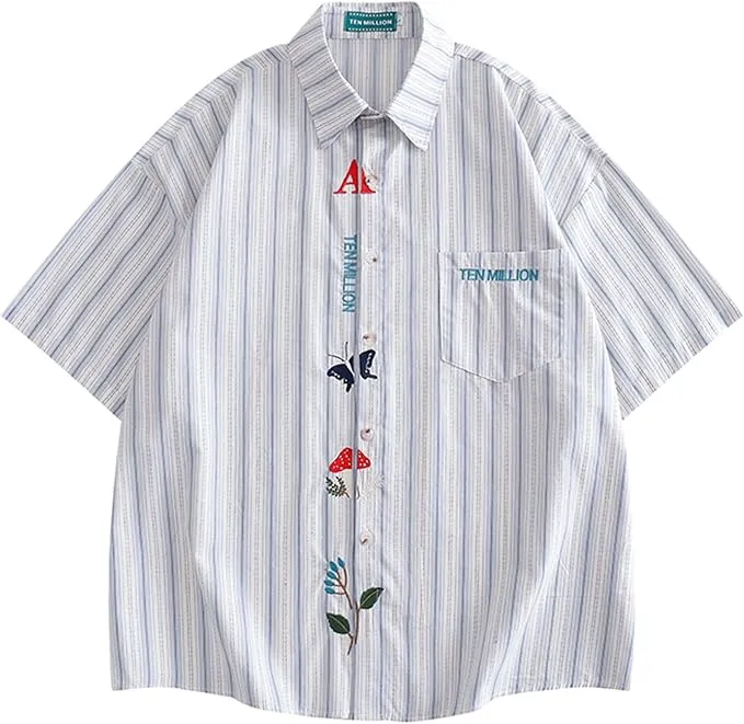 NEW GUREITOJP Men's Striped Shirt, Short Sleeve Shirt, Embroidered Decoration, Casual Shirt, Thin, Lightweight, Fold-Down Collar, Summer Clothes, Shirt Jacket, Sun Protection, Chest Pocket, Quick Drying, Sz M, Retails $50