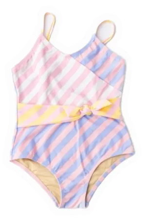 Pastel Stripe 1PC Faux Wrap Swimsuit