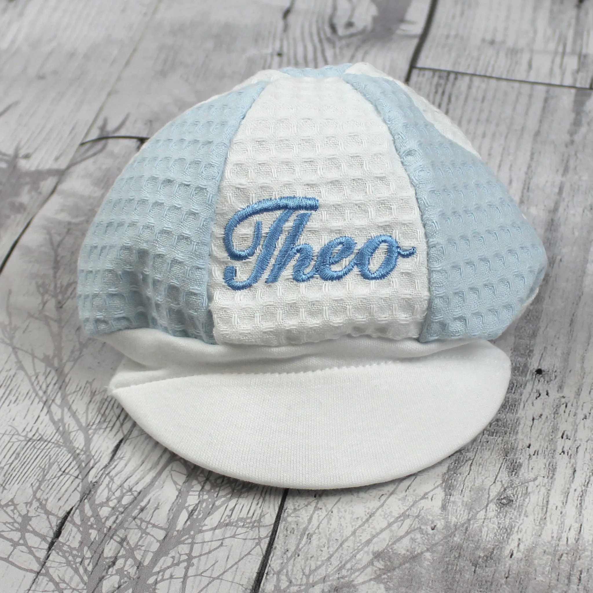 Personalised Baby Baker Hat - White & Blue