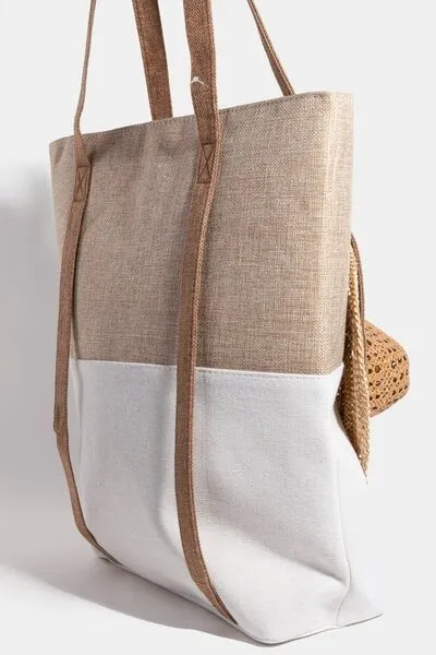 Poolside Two Tone Hat Carrier Canvas Tote Bag in Ivory and Khaki
