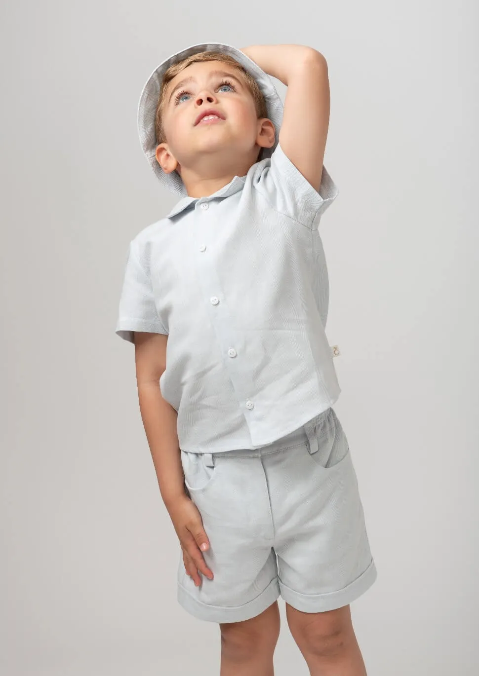 Sky Linen Shirt & Shorts Set With Hat