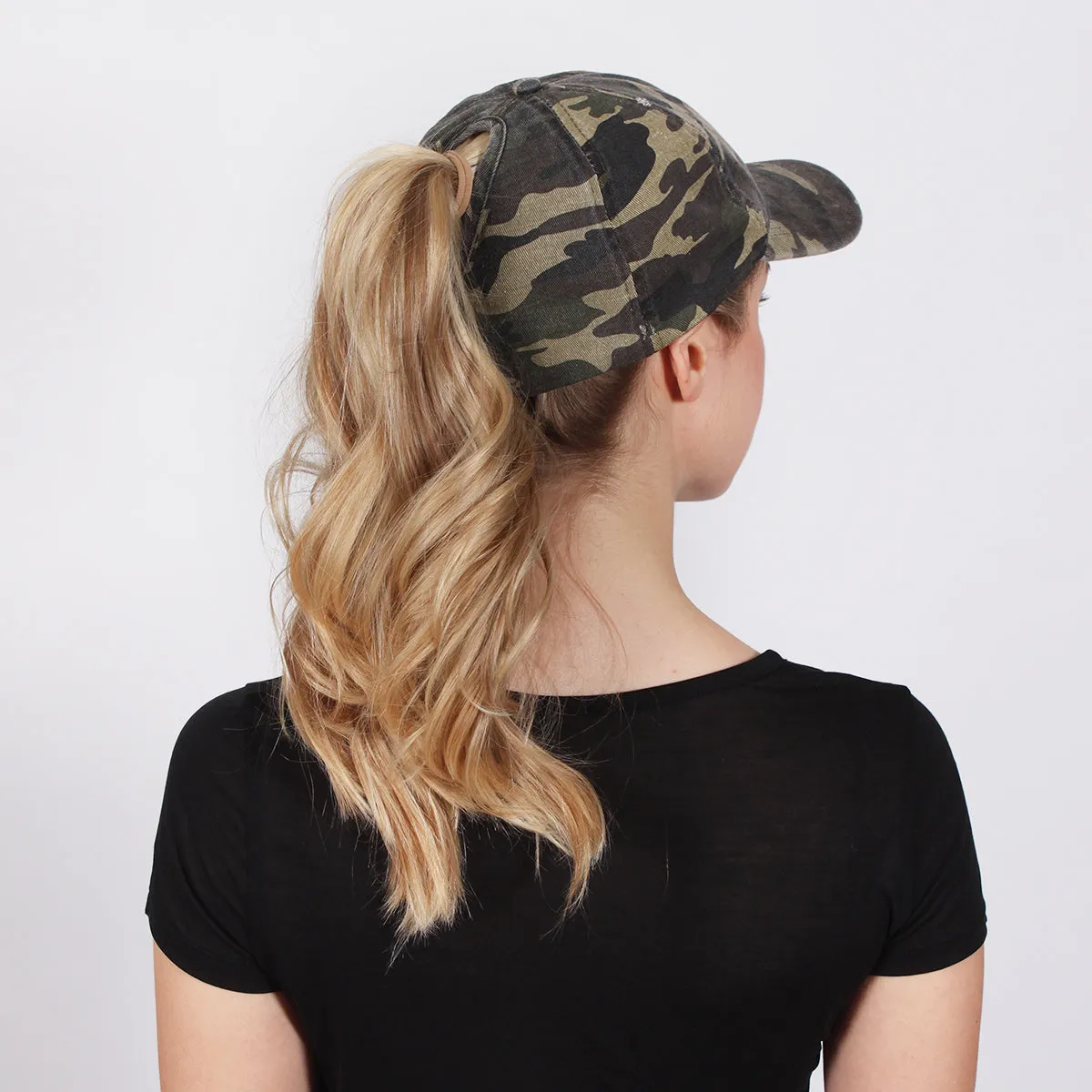 Stephanie Distressed Camo Ponyflo® Cap