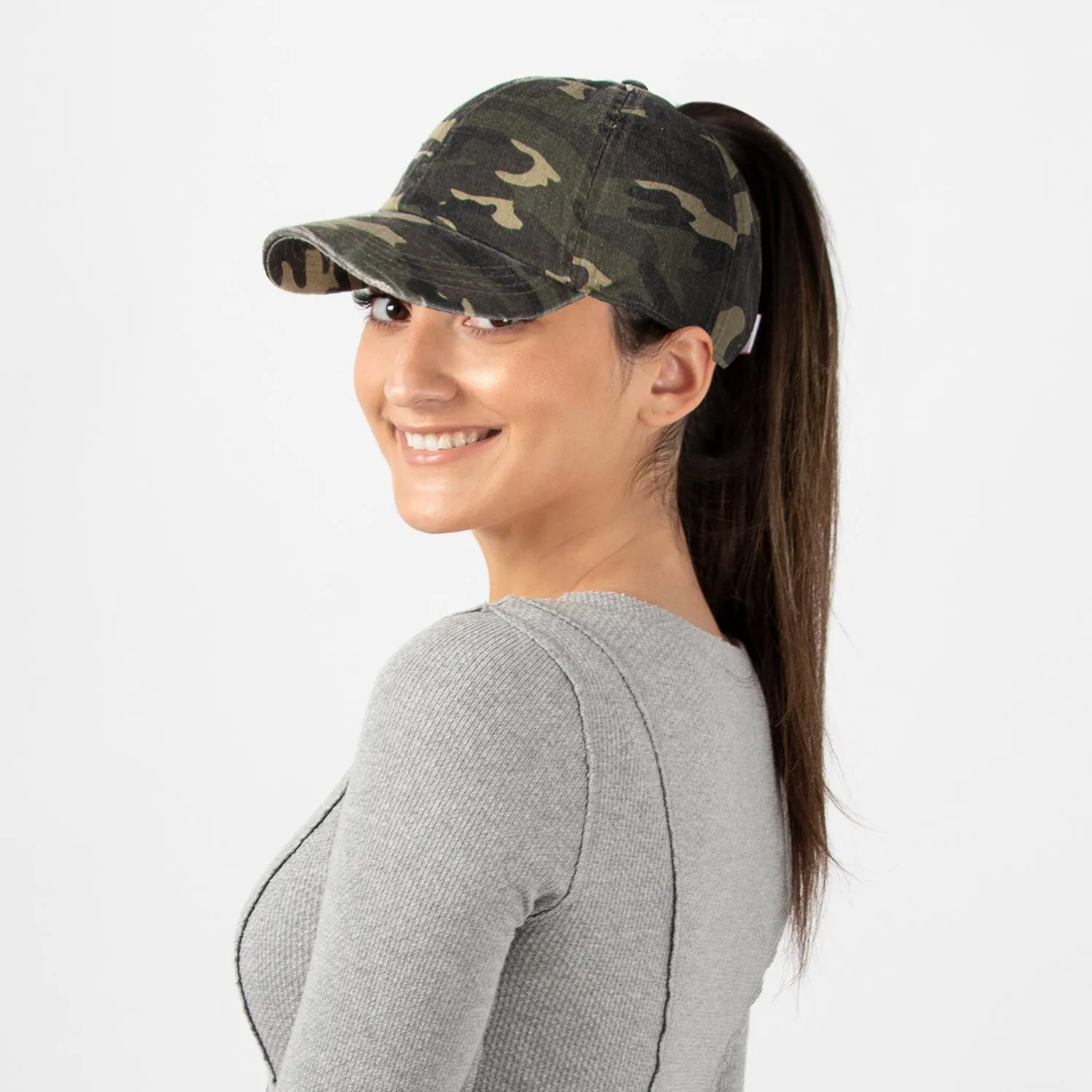 Stephanie Distressed Camo Ponyflo® Cap