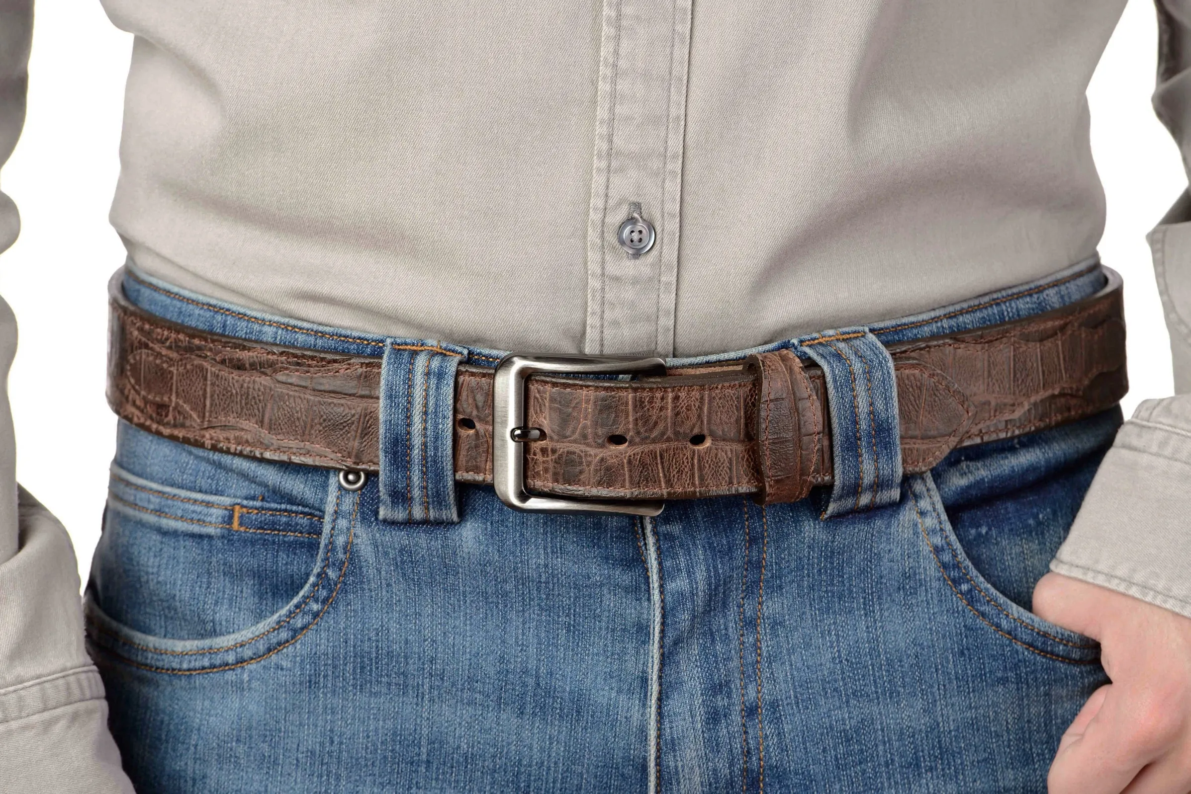 The Chomper: Men's Brown Stitched Alligator Design Leather Belt 1.50"