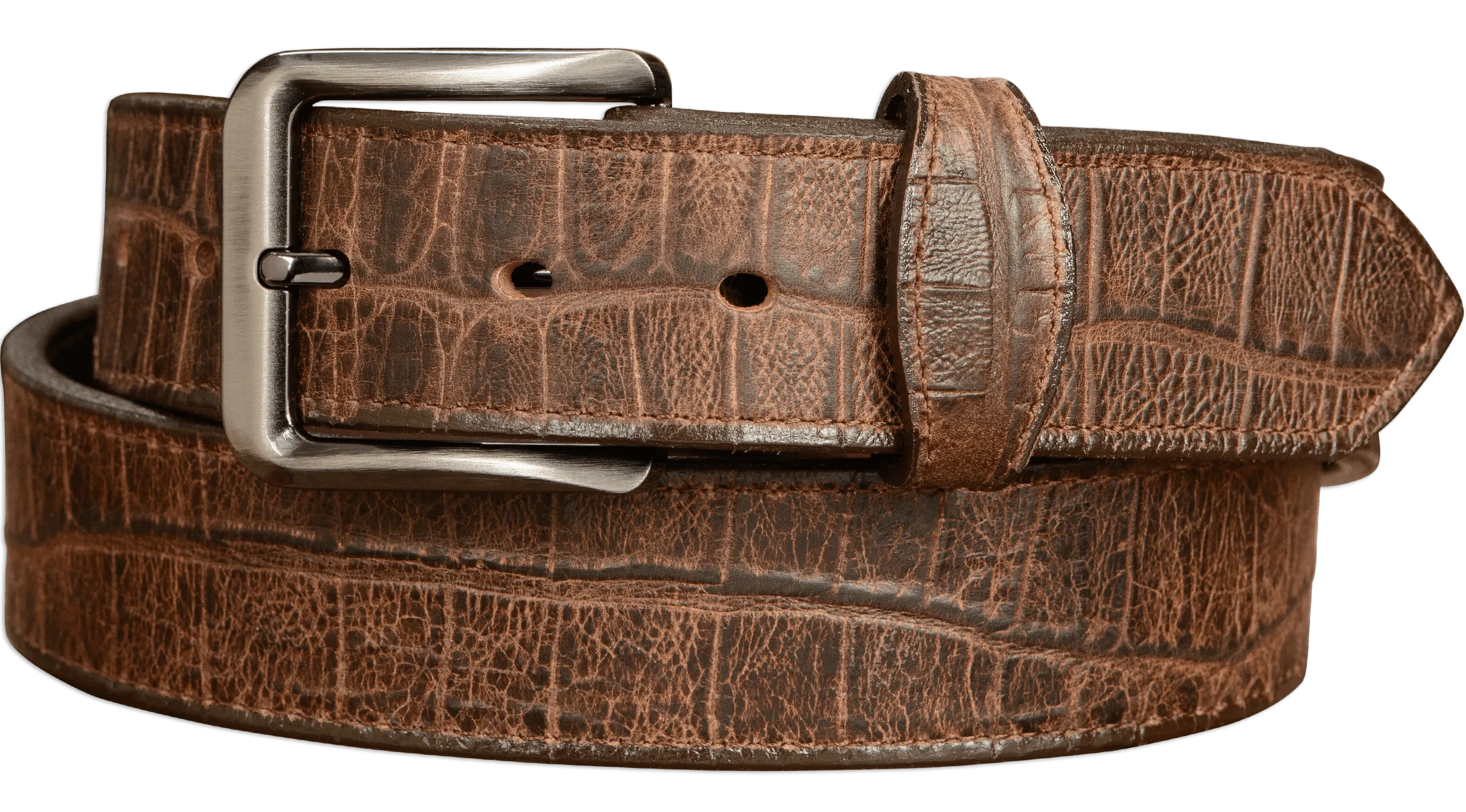 The Chomper: Men's Brown Stitched Alligator Design Leather Belt 1.50"