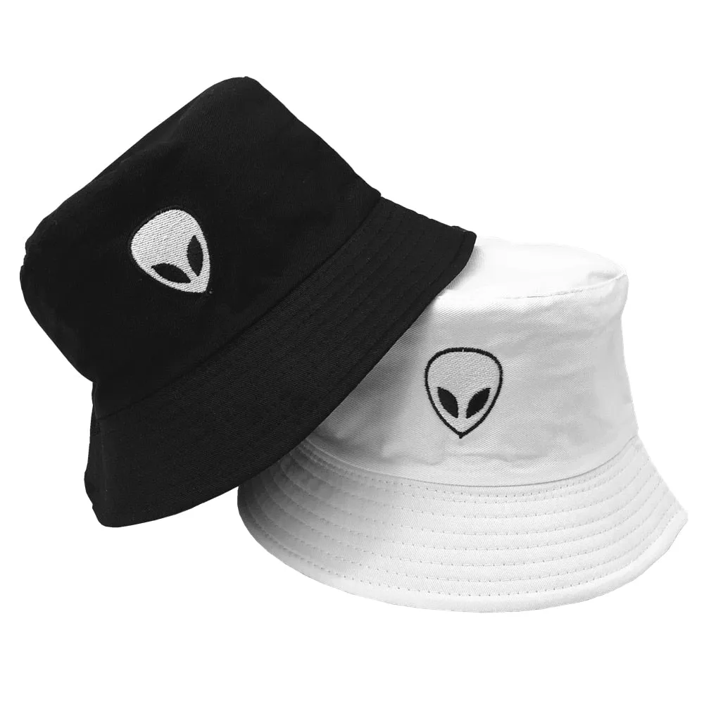 Unisex Embroidered Alien Foldable Bucket Hat Beach Sun Hat Street Headwear Fisherman Outdoor Cap Men and Woman Hat